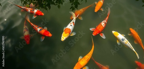 Vibrant koi carp gracefully swimming in a serene pond,  underwater,  fins