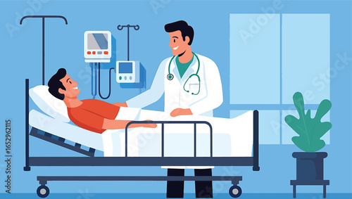 Friendly doctor visiting and comforting a male patient lying in a hospital bed. Healthcare and medical consultation vector illustration.