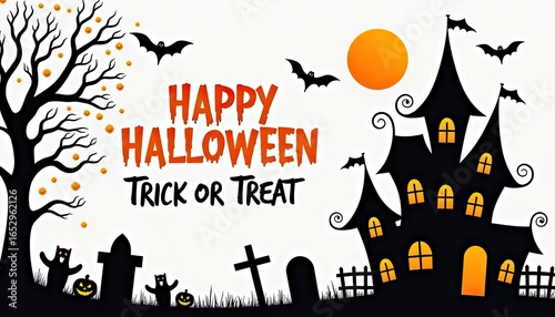 Happy halloween trick or treat with a haunted house, spooky tree, graveyard, and bats under a full moon, perfect for holiday decorations and celebrations