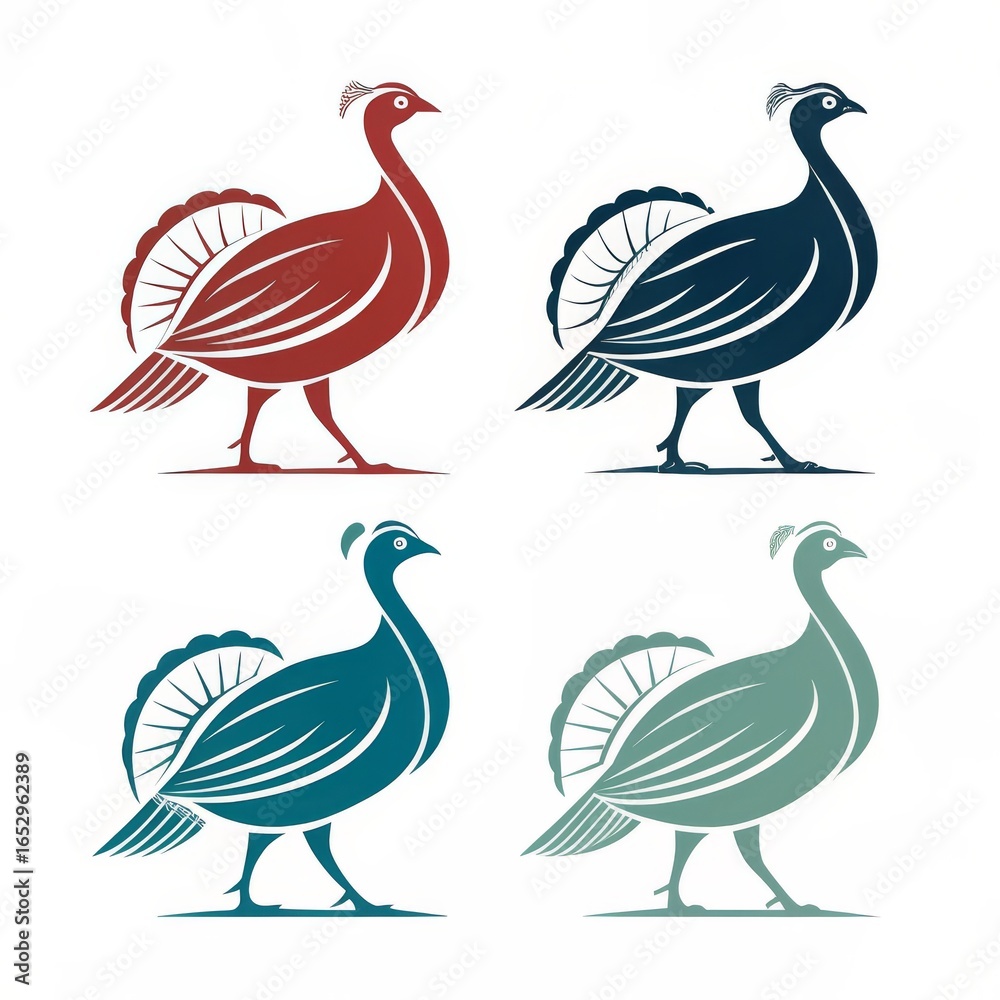 Obraz premium Four stylized turkey illustrations in different colors on a white background in a square layout