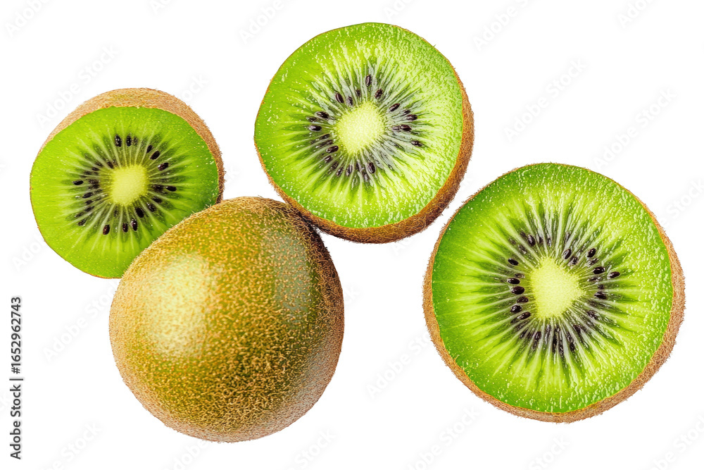 Fototapeta premium Fresh kiwi fruit slices and whole kiwi isolated on transparent background