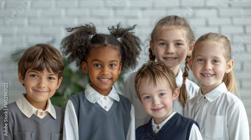 A diverse group of students in white uniforms with light pink ties smile happily, demonstrating the harmony and inclusiveness of an international school.