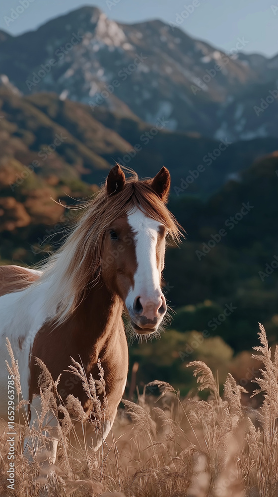 Obraz premium Golden Horse of the Mountain: A majestic horse, its coat gleaming in the golden light, stands proudly in a field of tall grasses with a mountain backdrop.