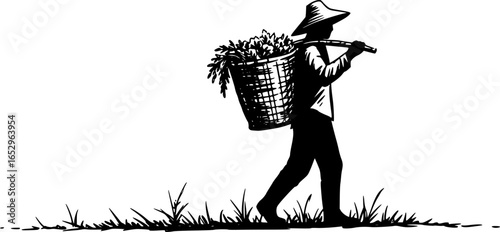 Silhouette of farmer carrying basket
