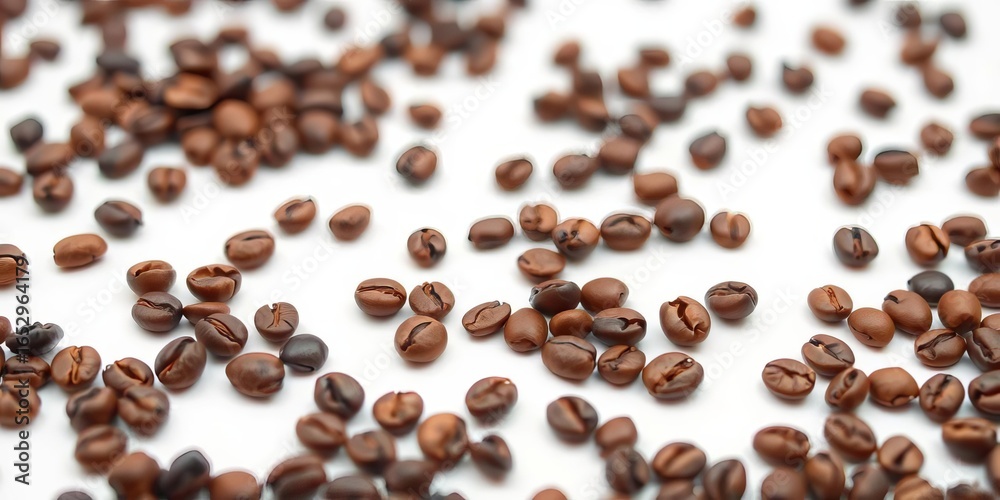 Close-up of scattered coffee beans on white background, agriculture, macro Close-up of scattered coffee beans on white background, agriculture, macro