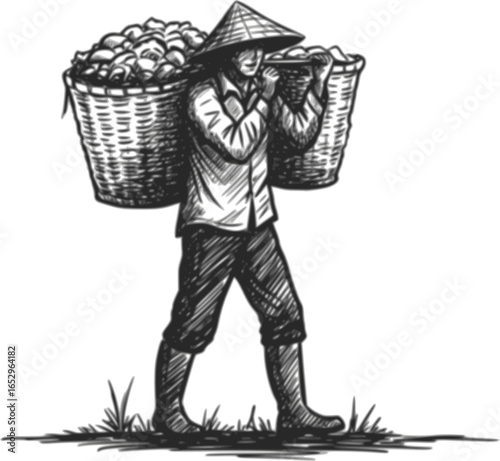 Silhouette of farmer carrying basket
