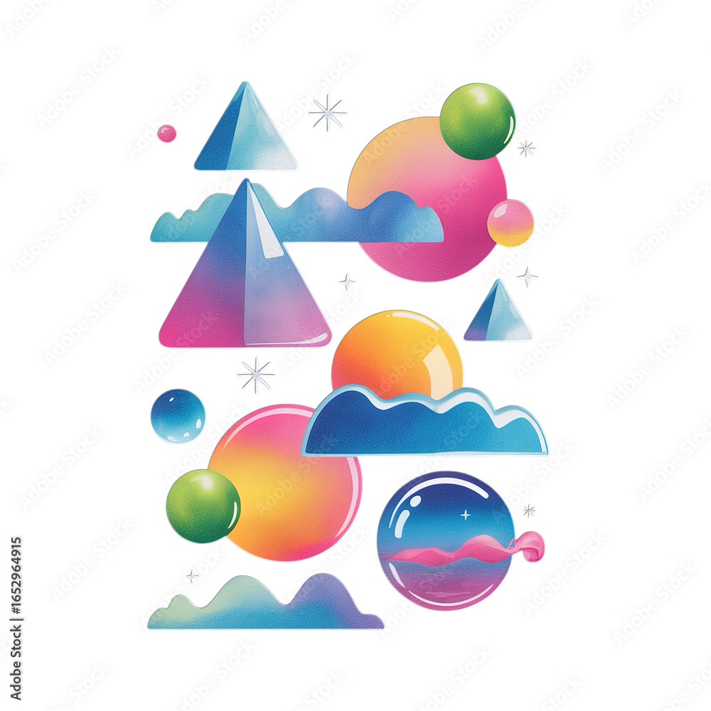 Obraz premium Colorful geometric shapes with clouds and stars on black background