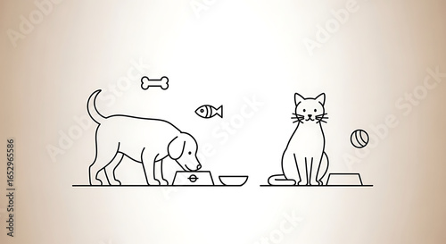 Charming pet illustration featuring a dog and cat sharing meal time together in harmony
