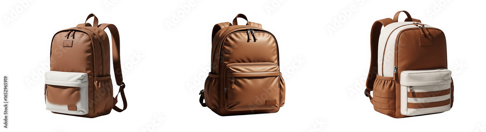 Fototapeta premium Three stylish brown backpacks with white accents on display 