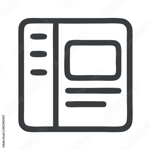 Vector icon of dashboard layout with sidebar, widget, and text blocks. Suitable for UI, UX, app interface, web design, admin panel, and digital navigation elements