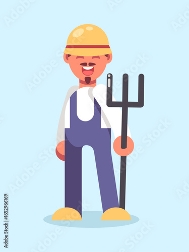 Cheerful Farmer with Pitchfork Cartoon Illustration