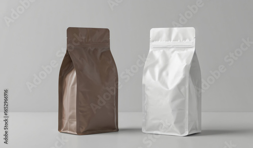 Two empty foil packaging bags, one brown, one white, for food beverage storage. Features resealable zipper, maintaining freshness, product protection. Ideal for dry goods like coffee, tea, snacks.