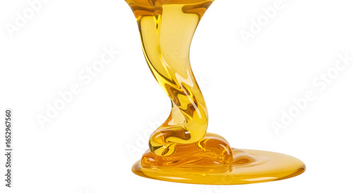 A rich, golden stream of liquid ghee (clarified butter) being poured, creating an elegant, viscous ribbon. The texture is pure and smooth. Photorealistic  on a transparent background.