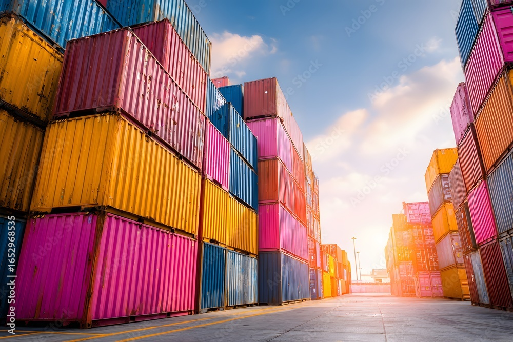 Fototapeta premium Container yard with stacked colorful cargo containers under sunlight