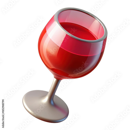 A realistic 3d render of a tilted wine glass filled with red wine isolated on transparent background