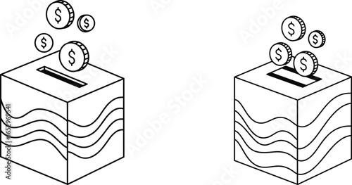 Vector illustration of donation box with dollar coins dropping inside, charity fundraising, money collection, donation concept, financial support, generosity symbol