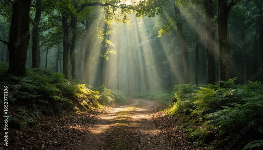 Obraz premium Sunbeams stream through rich green trees onto winding forest path. Verdant ferns line trail, creating serene, peaceful atmosphere for summer travel. Experience nature tranquility on sunny day hike.