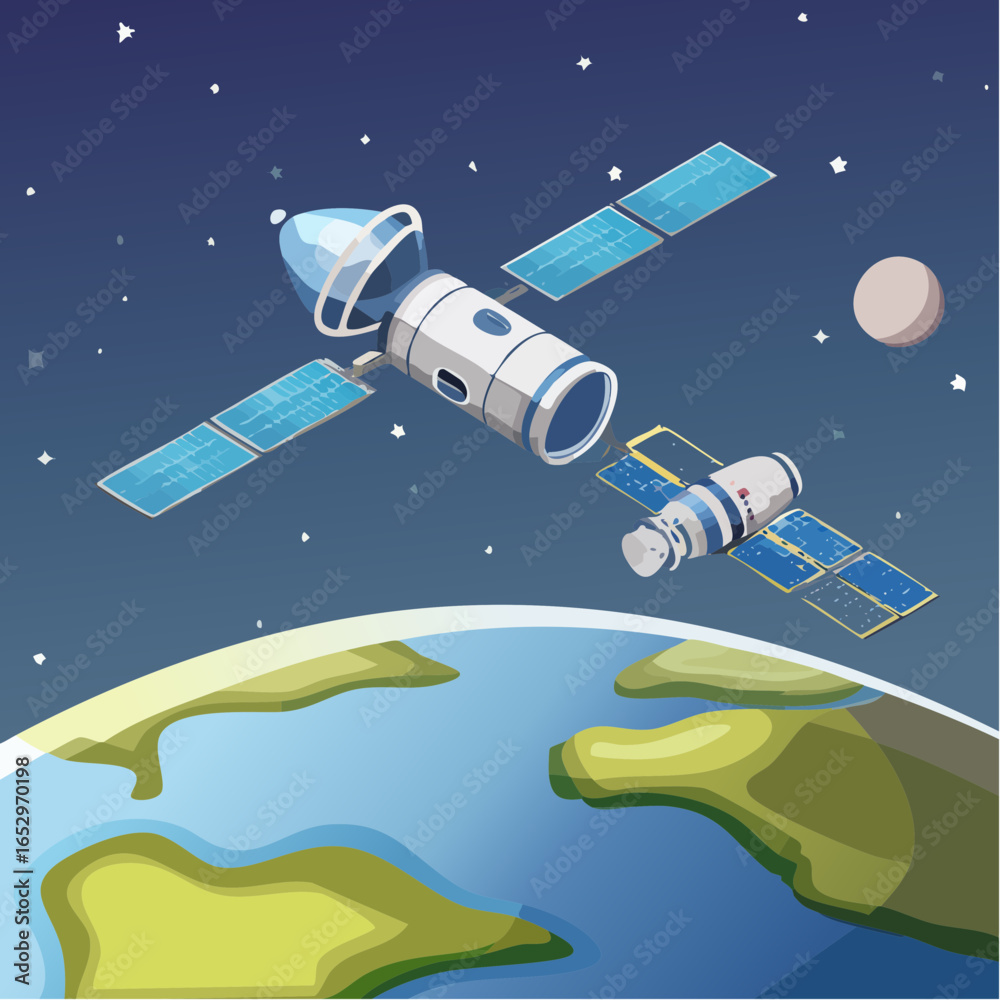 Obraz premium Space Station Orbiting Earth, Illustration, Outer Space Environment, Angled View Concept