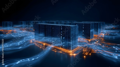 Futuristic data center glowing with AI energy streams