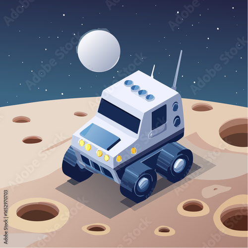 Lunar Rover Exploration, Firefly Rover, Moon Craters, Digital Illustration, Space Environment, Angled View, Futuristic Concept