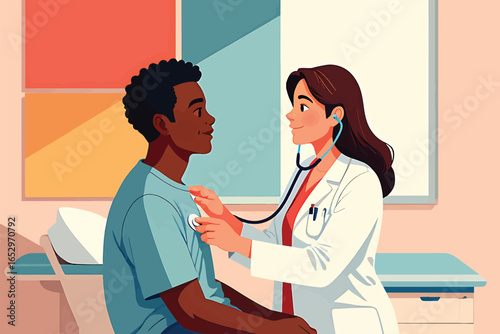 Professional female doctor conducts a thorough health check-up on a young male patient in a modern medical clinic, illustrating comprehensive healthcare services.