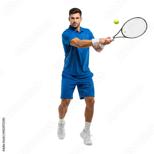 Tennis Player in Blue Outfit Performing Forehand Stroke