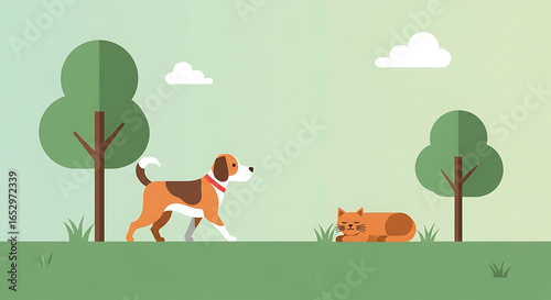 Playful encounter of a dog in a flat design environment with a sleeping cat near trees