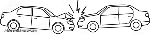 Vector illustration of front car collision, two sedans crashing head-on, simple black outline design, accident concept, insurance, traffic, danger