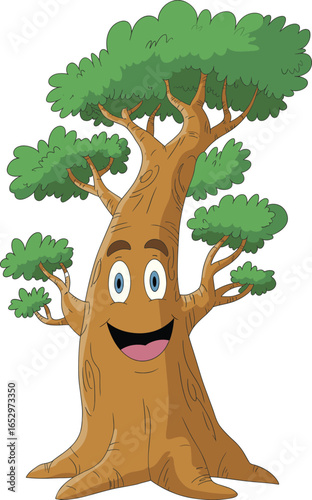 Cartoon talking tree, smiling forest character, animated tree illustration, happy nature mascot, woodland clipart, fable creature, eco-friendly icon, vector artwork