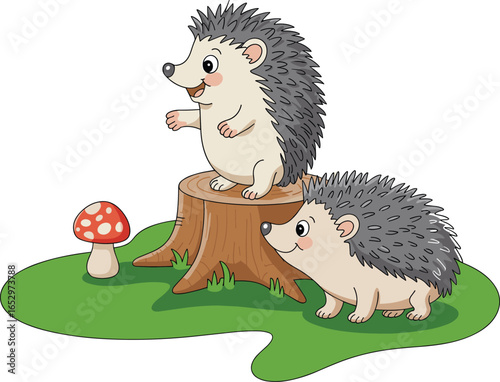 Cartoon hedgehog characters, forest animals, cute woodland creatures, mushroom and tree stump scene, smiling hedgehogs, nature illustration, vector clipart, fable wildlife
