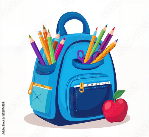 Blue Backpack with Pencils and Apple