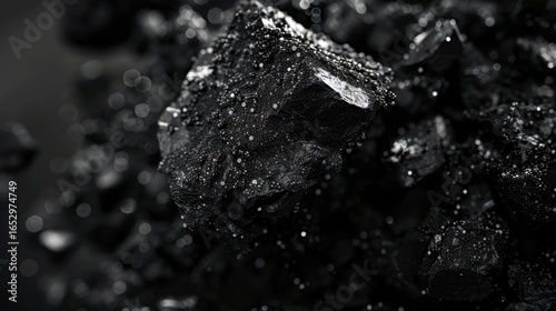 Carbon black particle aggregate reveals intricate texture under electron microscope visualization. Scientific detail and structure emerge amidst scattered luminous noise.