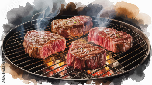 Sizzling premium-grade steaks perfectly grilled over charcoal, releasing mouthwatering aromas and showcasing a beautiful sear, ideal for any outdoor barbecue gathering.