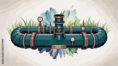 A visually appealing illustration of industrial pipes showcasing elegant designs alongside gauges that represent functionality and utility in a sophisticated manner.