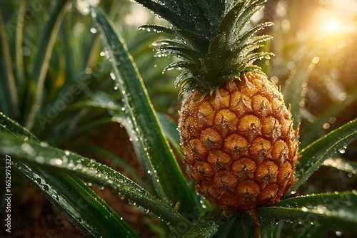 Perfectly ripe, golden pineapple grows in a lush plantation, with glistening morning dew drops. Warm, golden hour sun from behind creates a lens flare.