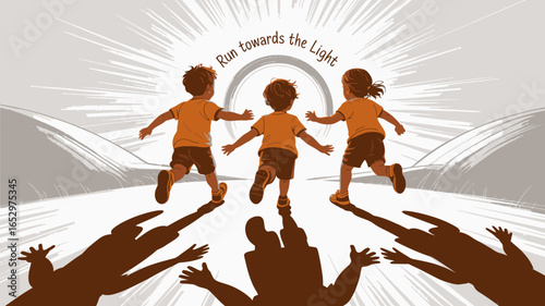 Three joyful children run towards a glowing light, embodying freedom, innocence, and the pursuit of dreams against a backdrop of abstract rays and shadows.
