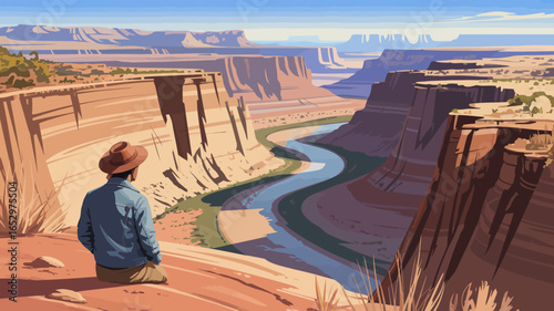 A breathtaking landscape of a person sitting at the edge of a canyon, offering a panoramic view of a flowing river that captivates the beauty and vastness of nature.