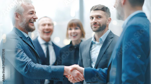 Diverse Group of Business Professionals Engaging in Handshake in Modern Office Setting