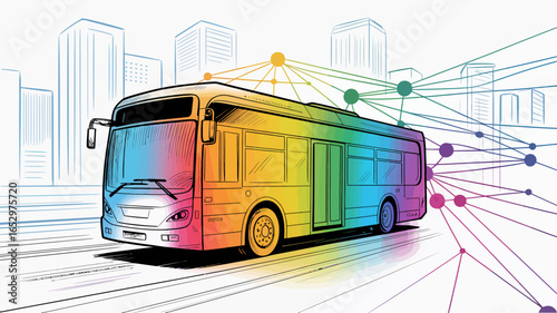 A striking representation of a colorful bus against a modern urban backdrop, symbolizing public transportation, community connectivity, and vibrant city life.