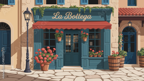 A picturesque view of an Italian restaurant named 'La Bottega', framed by vibrant flowers and plants, offering an inviting ambiance for guests seeking warmth and flavor.