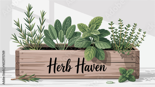 A delightful wooden planter brimming with fresh herbs captures the essence of gardening, depicting various herbs like mint and thyme in an inviting manner.