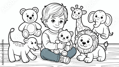A delightful coloring page illustration featuring a child happily surrounded by friendly stuffed animals, encouraging creativity, imagination, and playful learning for children.