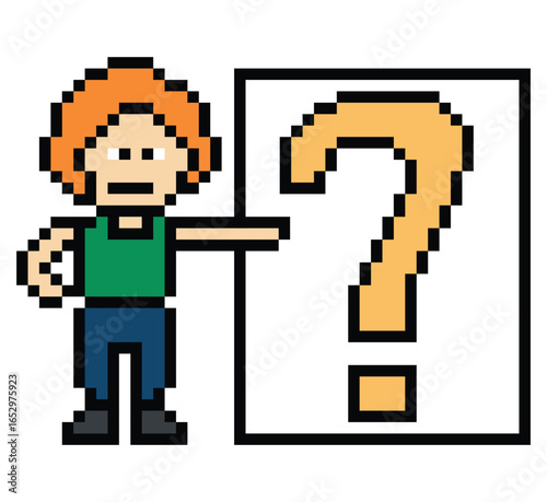 Pixel art cartoon character man with question mark decoration 8 bit male boy confused idea question mark quiz questionnaire choose cartoon pixel game 8bit png vector.