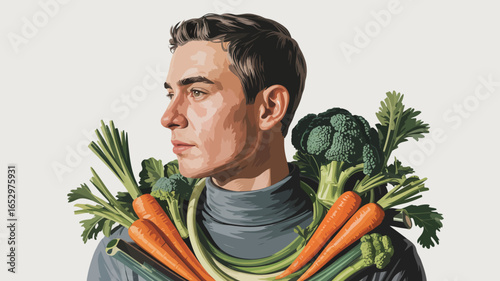 A portrait of a young man adorned with fresh vegetables like carrots and broccoli, symbolizing health, sustainability, and the connection between humans and nature.
