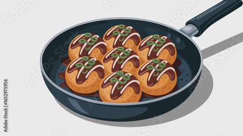 A hot pan filled with perfectly round takoyaki balls, garnished with green onions and drizzled with savory sauce, showcases the joy of cooking and delicious street food.