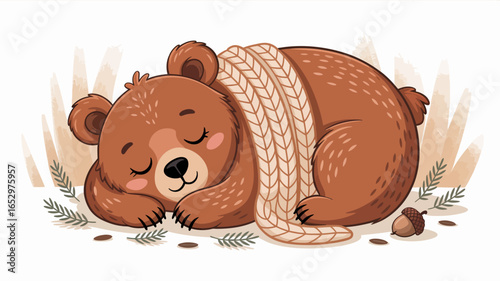 This endearing image showcases a cute brown bear snuggled under a blanket, emphasizing comfort and tranquility in a warm, nature-inspired setting.