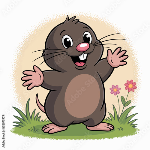 A whimsical cartoon mole with big, bright eyes and a big smile stands amidst flowers, showcasing a cute, approachable character full of charm and friendliness.