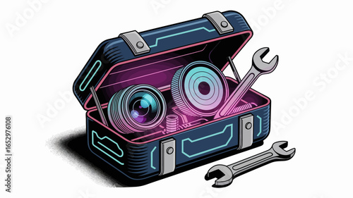 An artistic depiction of a modern tool box filled with wrenches and lens tools, symbolizing creativity, innovation, and the concepts of repair, craftsmanship, and DIY culture.