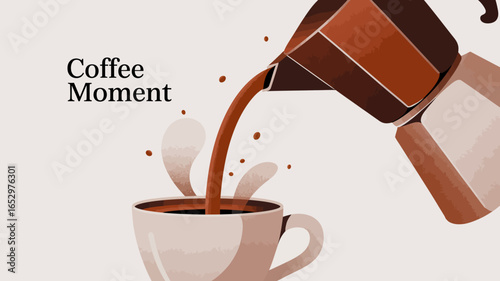 A vibrant illustration showcases an elegant coffee pot pouring rich coffee into a cup, beautifully capturing the essence of relaxation and comfort during a coffee moment.