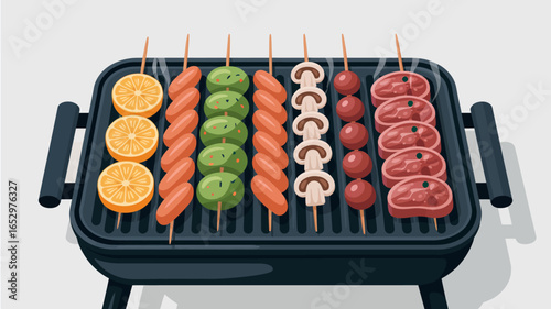 A vibrant assortment of grilled skewers featuring meats, vegetables, and fruits artistically arranged on a barbecue grill, evoking summer gatherings and delicious meals.